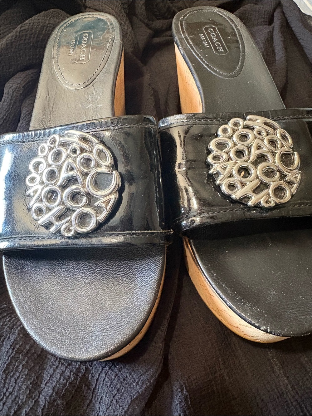 Coach Black Patent Leather Slide Mules with Silver Logo Medallions